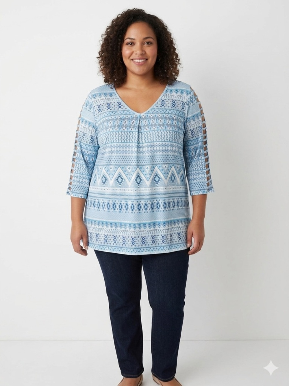1X Light Blue Printed Geoprint V-Neck Three-Quarter Sleeve Top